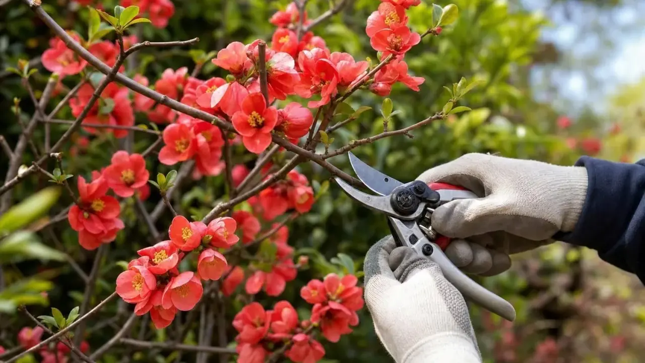 Gants blancs et sécateur pour la taille d'un cognassier du Japon aux fleurs rouges éclatantes.