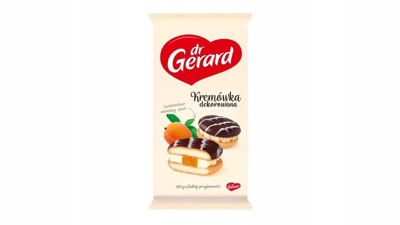 Opakowanie ciastek Dr Gerard Kremówka dekorowana z morelą i kremem.