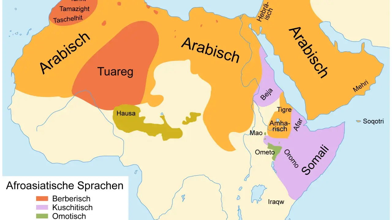 Karte zeigt Verbreitung afroasiatischer Sprachen. Arabisch und Hebräisch sind semitische Sprachen, die hier dargestellt sind.