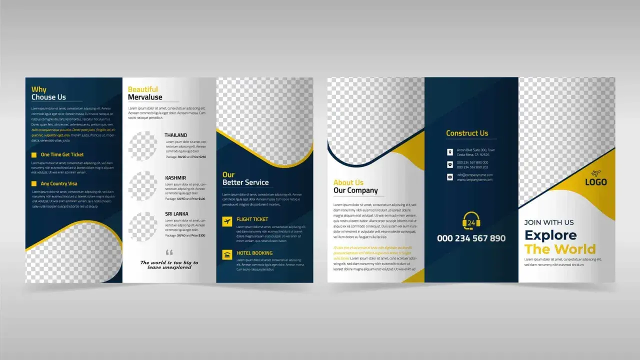 Ulotka turystyczna z ofertami podróży, informacjami o firmie i danymi kontaktowymi. Idealny papier na ulotki reklamowe.