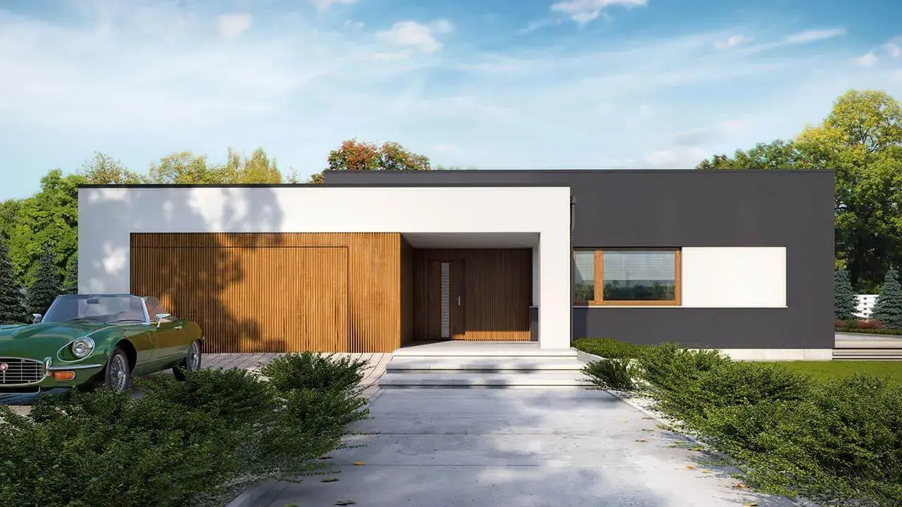 Nowoczesny dom z płaskim dachem, z drewnianą bramą garażową i zielonym kabrioletem.