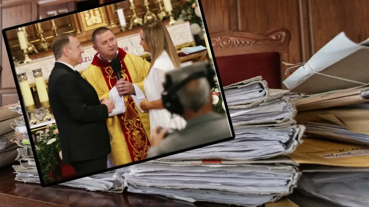Kiedy można dostać rozwód kościelny? Para przed ołtarzem, ksiądz i sterty akt.