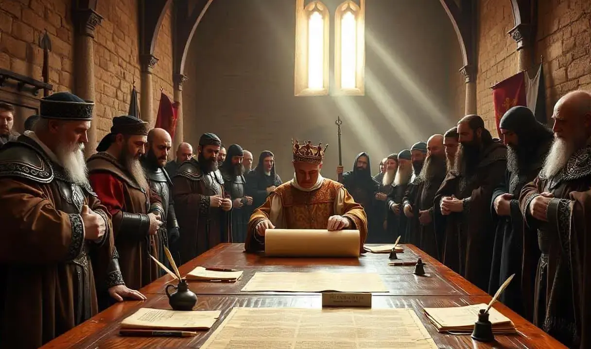 König mit Krone entrollt Schriftrolle, umgeben von Männern in mittelalterlicher Kleidung. Ein historischer Moment, der die magna carta bedeutung symbolisiert.