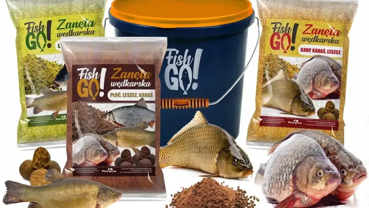 Zestaw zanęt wędkarskich Fish GO! z wizerunkami ryb i kulkami proteinowymi. Idealne na karpia, płoć i leszcza.
