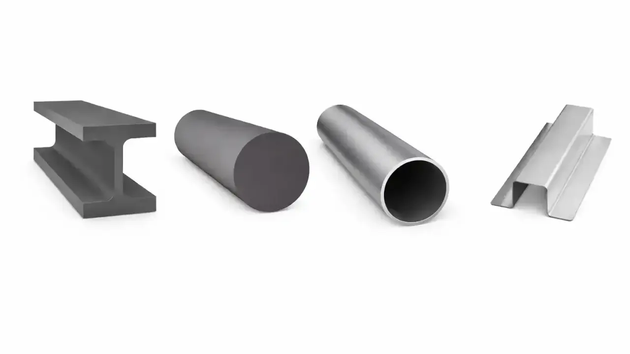 Perfiles laminados de acero: viga I, barra maciza, tubo y perfil en U.