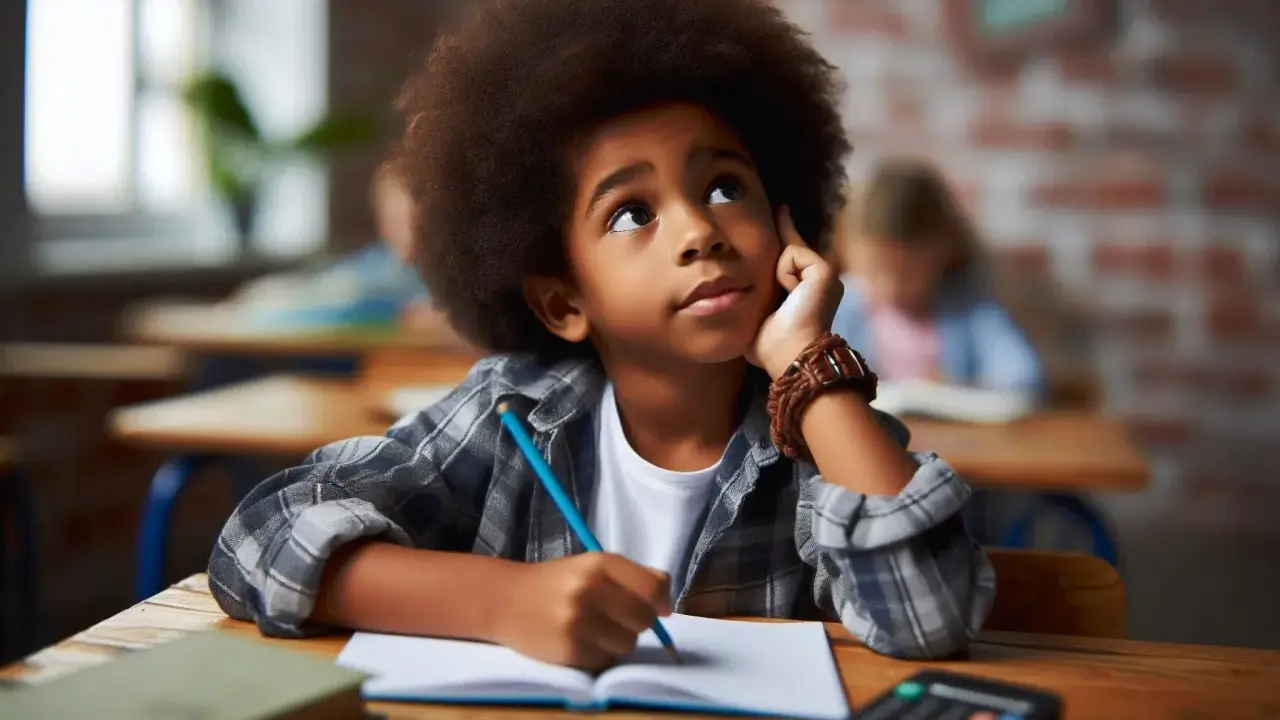 Niño con gran afro, sentado en un pupitre, con la mano en la barbilla, pensando. Parece que a mi hijo se le olvida lo que aprende.