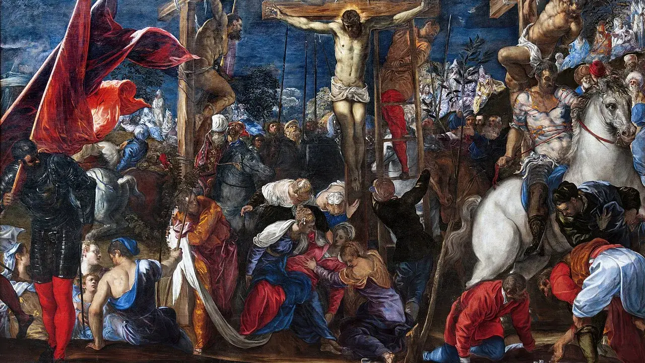 La Crucifixion, chef-d'œuvre du Tintoret, dépeint la scène dramatique avec une foule intense et des figures expressives.
