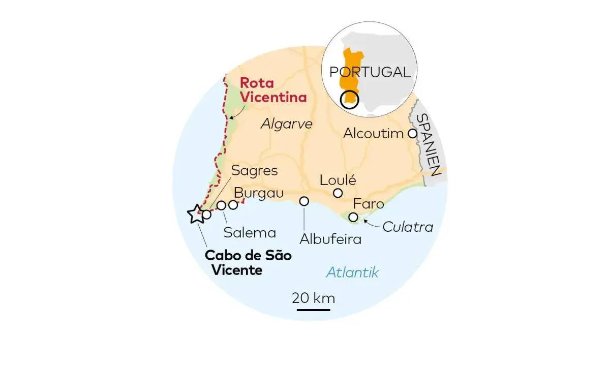 Karte der Algarve in Portugal. Albufeira liegt östlich von Salema und westlich von Faro am Atlantik.