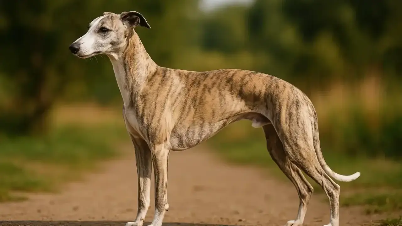 Un élégant lévrier whippet tigré se tient sur un chemin de terre, le regard tourné vers l'horizon.