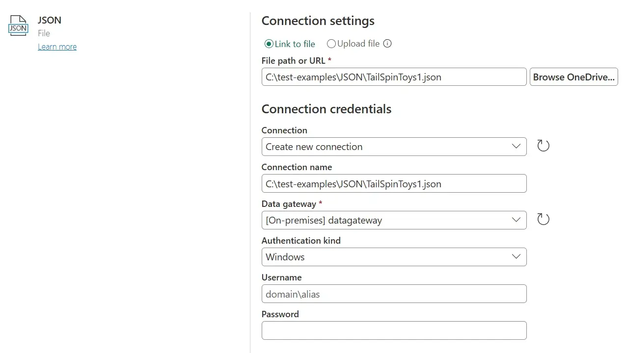 Konfiguracja połączenia z plikiem JSON. Wpisz ścieżkę do pliku, np. C:\test-examples\JSON\TailSpinToys1.json, aby zapisać dane w C#.