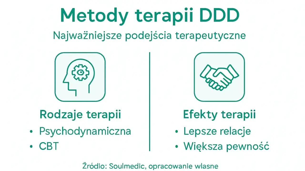 Metody terapii DDD: psychodynamiczna, CBT. Efekty: lepsze relacje, większa pewność. Programowanie DDD.