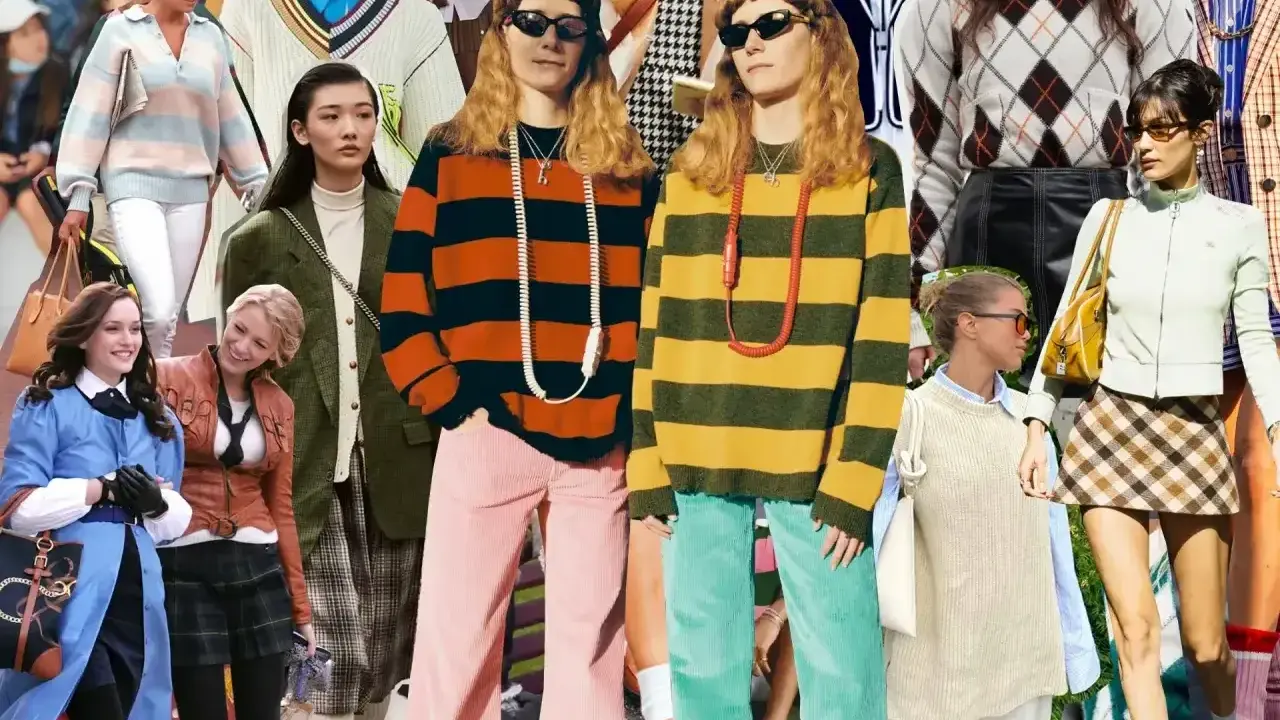 Kolekcja ubrań w stylu preppy: swetry w paski, romby, kraciaste spódniczki i marynarki.