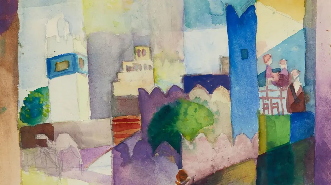 August Macke Tunisreise: Aquarell einer Stadtansicht mit Türmen, Mauern und Figuren. Farbenfrohe Darstellung nordafrikanischer Architektur.