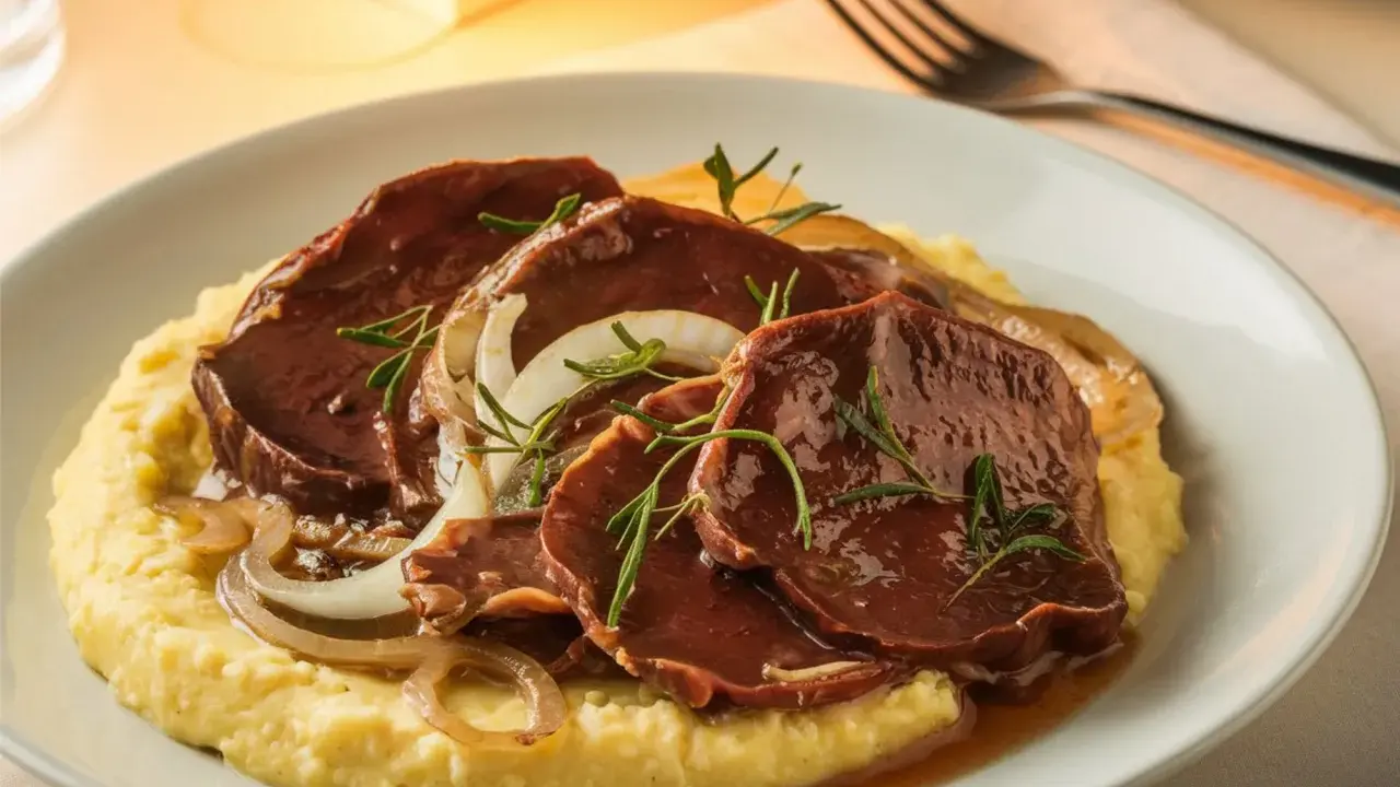 Fette di carne brasata su polenta cremosa, guarnite con cipolle caramellate e rosmarino. Un classico tra i piatti tipici veneti.