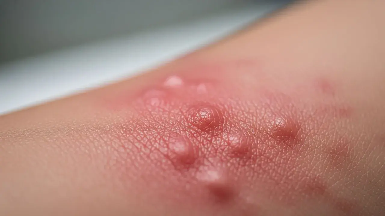 Pelle arrossata con vescicole, un esempio di dermatite da stasi. Si cercano rimedi della nonna per alleviare il prurito e l'infiammazione.
