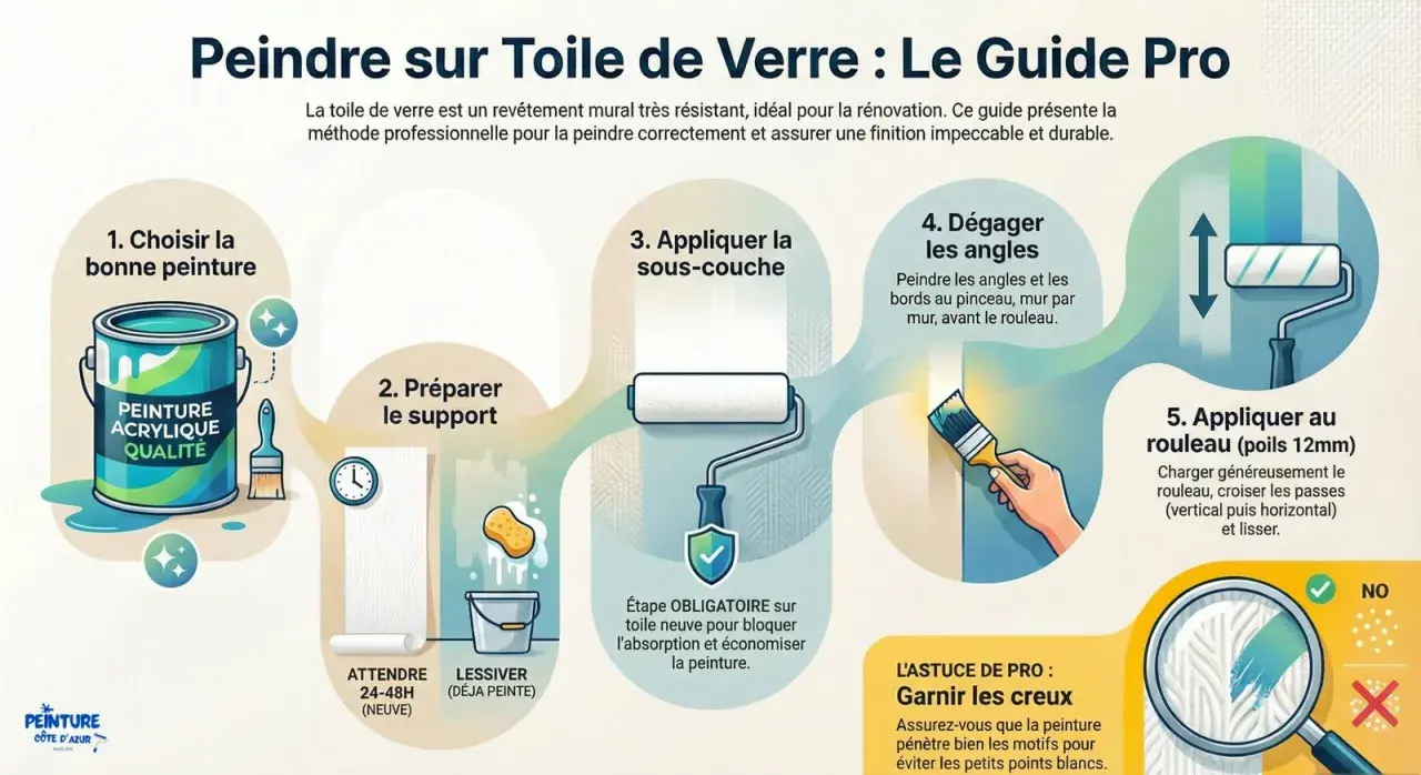 Guide étape par étape pour peindre sur toile de verre. Illustration montrant la préparation, l'application de sous-couche et de peinture avec rouleau et pinceau.