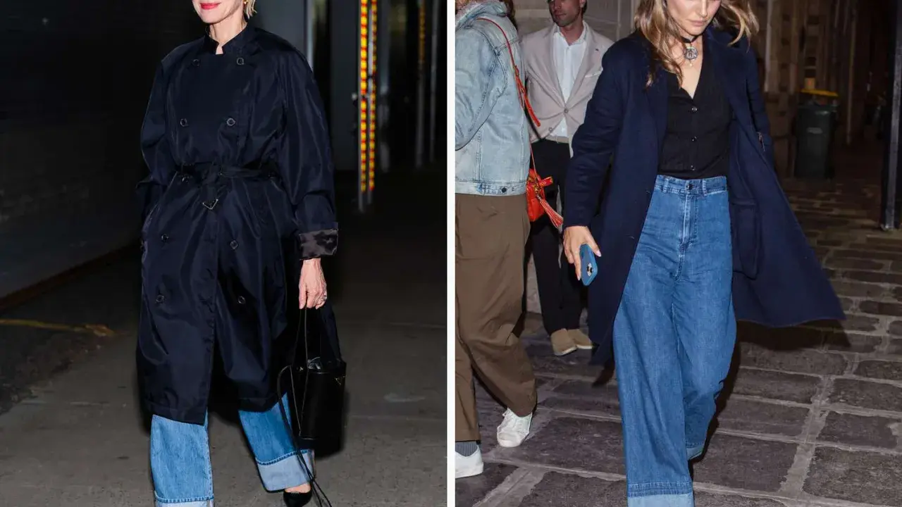 Naomi Watts i Natalie Portman w szerokich jeansach z podwijaniem spodni, obie w eleganckich płaszczach.