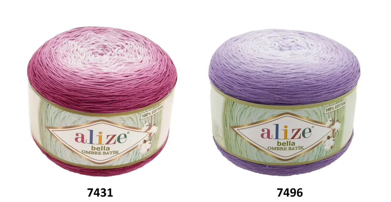 Dwa motki włóczki Alize Bella Ombre Batik: jeden w odcieniach różu, drugi fioletu. Idealne do letnich projektów.
