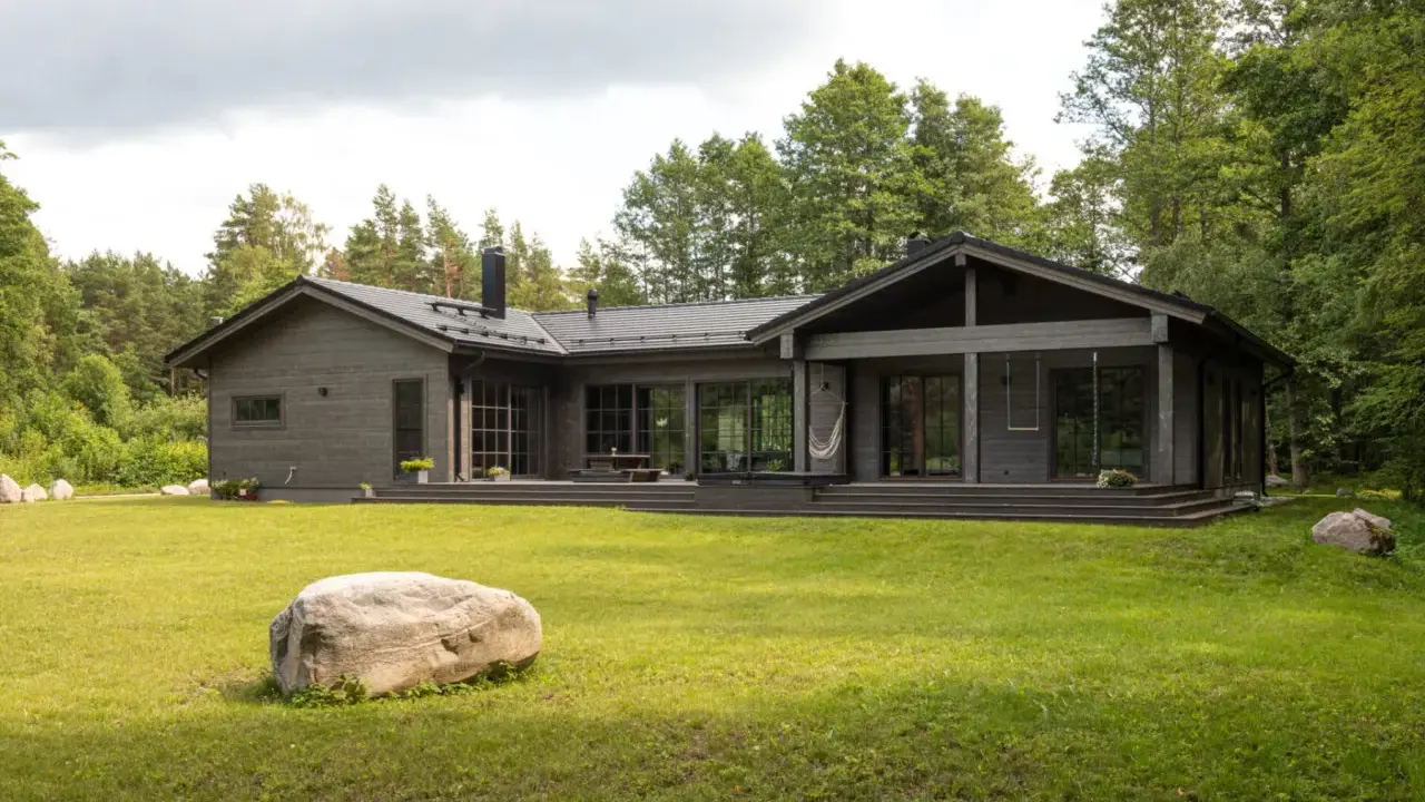 Ein modernes Architektenhaus aus Holz, eingebettet in üppiges Grün. Große Fensterfronten und eine Terrasse laden zum Entspannen ein.