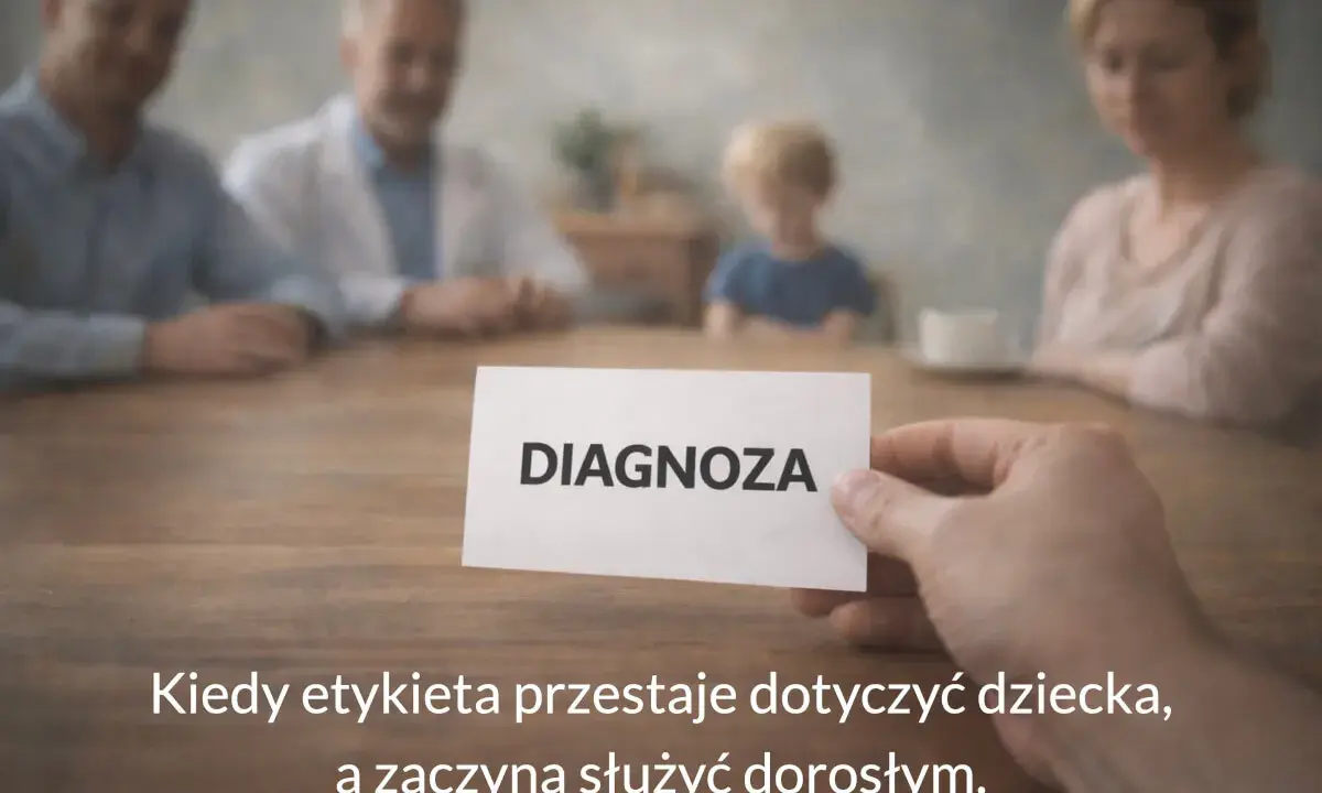 Dyskalkulia co to? Rodzina przy stole, ręka trzyma kartkę z napisem "DIAGNOZA". Kiedy etykieta przestaje dotyczyć dziecka, a zaczyna służyć dorosłym.