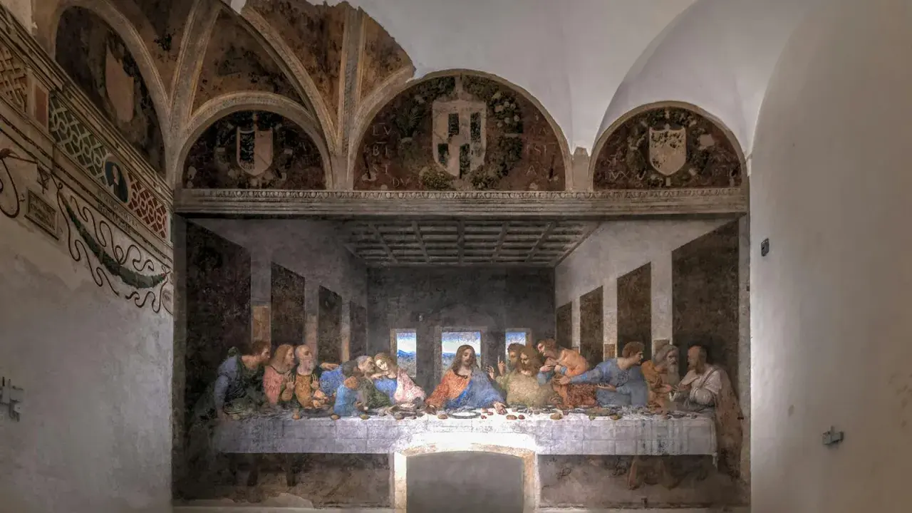 Den sista måltiden, en berömd fresk av Leonardo da Vinci, visar Jesus och hans lärjungar vid ett bord.