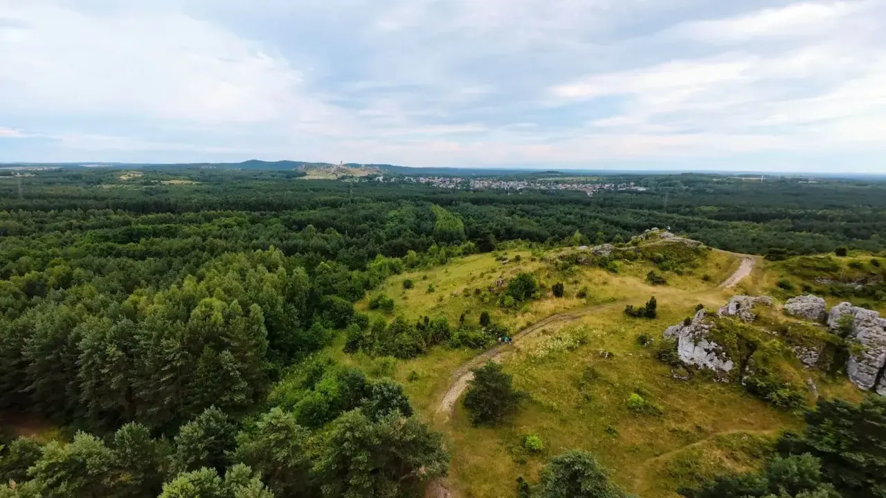 Krajobraz z wapiennymi ostańcami i ścieżkami na tle lasów i miasteczka. Jura Krakowsko-Częstochowska zachwyca zielenią i skalnymi formacjami.