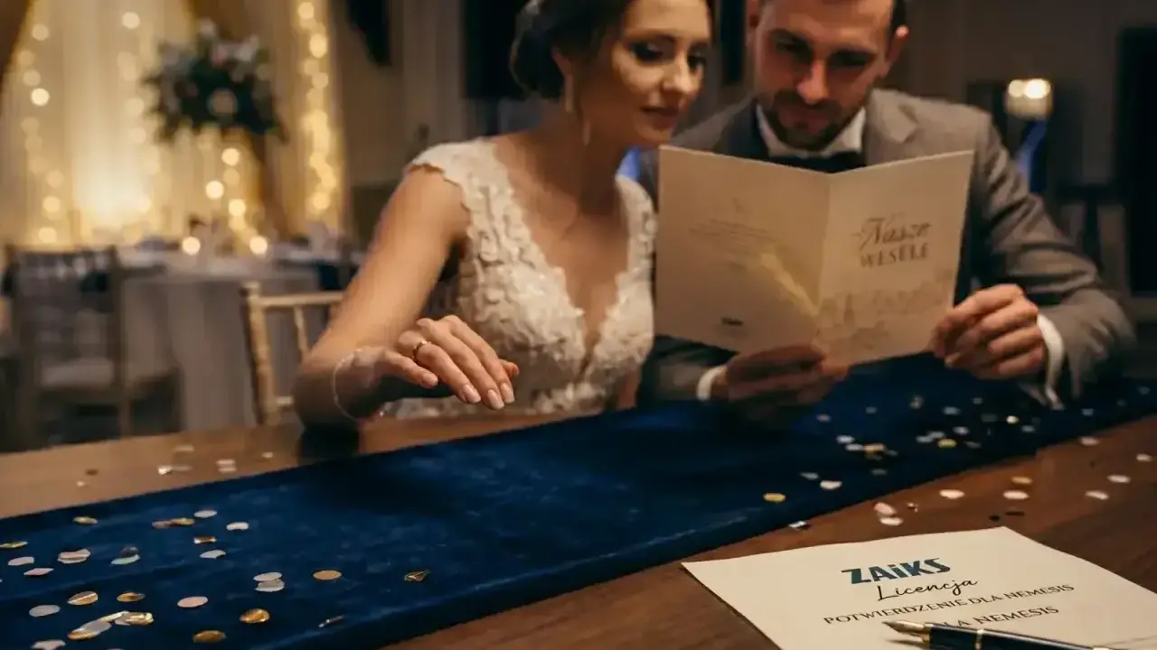 Para młoda przegląda dokumenty, w tym licencję ZAIKS. Na stole konfetti i pióro.