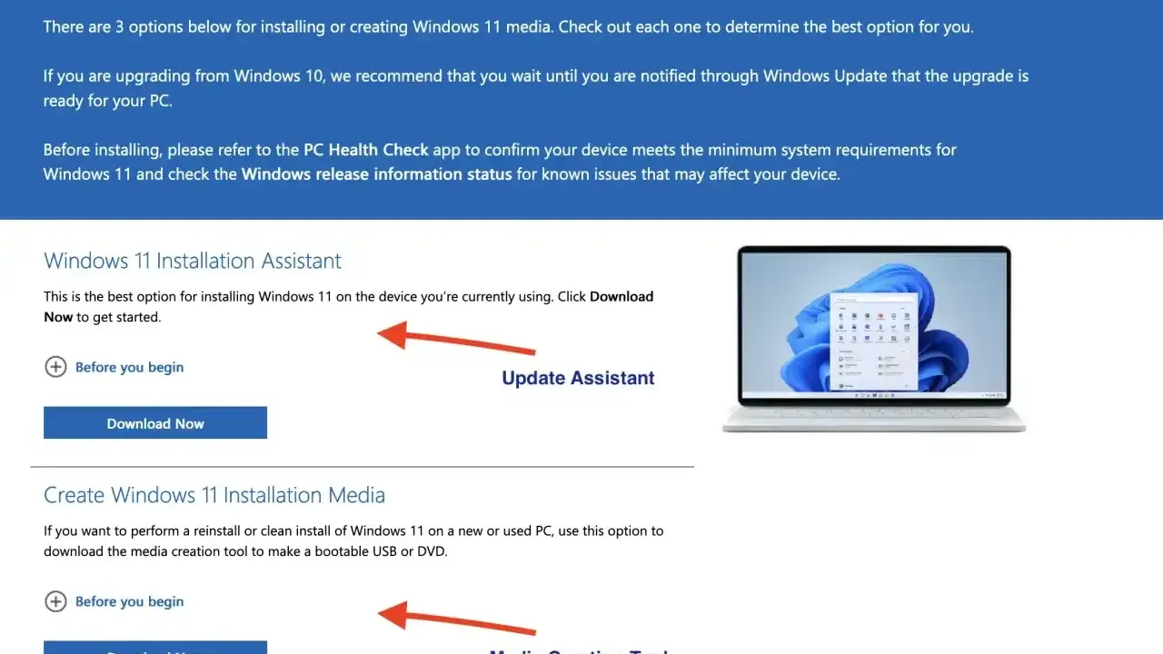 Strona z opcjami jak zainstalować Windows 11: Asystent Instalacji i Narzędzie do tworzenia nośnika.