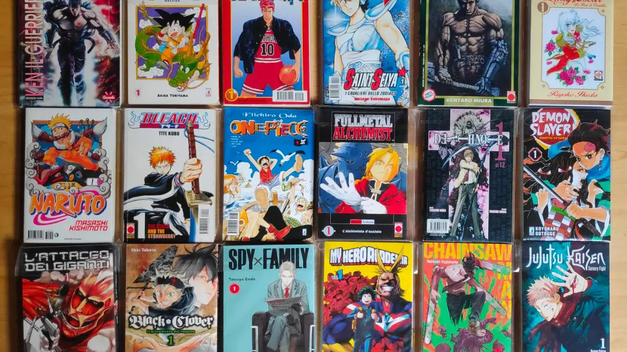 Una collezione di manga da leggere: Ken il Guerriero, Dragon Ball, Slam Dunk, Saint Seiya, Berserk, Lady Oscar, Naruto, Bleach, One Piece, Fullmetal Alchemist, Death Note, Demon Slayer, L'Attacco dei Giganti, Black Clover, Spy x Family, My Hero Academi...