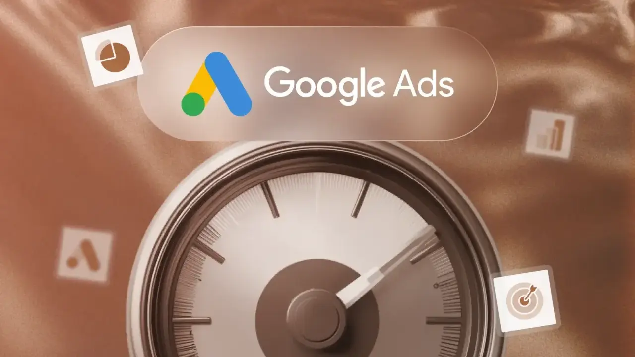 Compteur de performance pour le score de qualité Google Ads, avec icônes de graphiques et de cible.