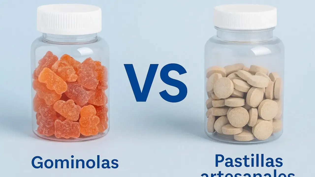 Dos frascos: uno con gominolas naranjas, el otro con pastillas artesanales. ¿Cuáles son las mejores gominolas?
