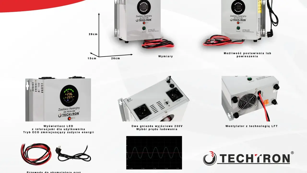 Domowy UPS Techtron ZA-TECH-300 z wyświetlaczem LED, dwoma gniazdami 230V i wentylatorem. Idealny do zabezpieczenia sprzętu.