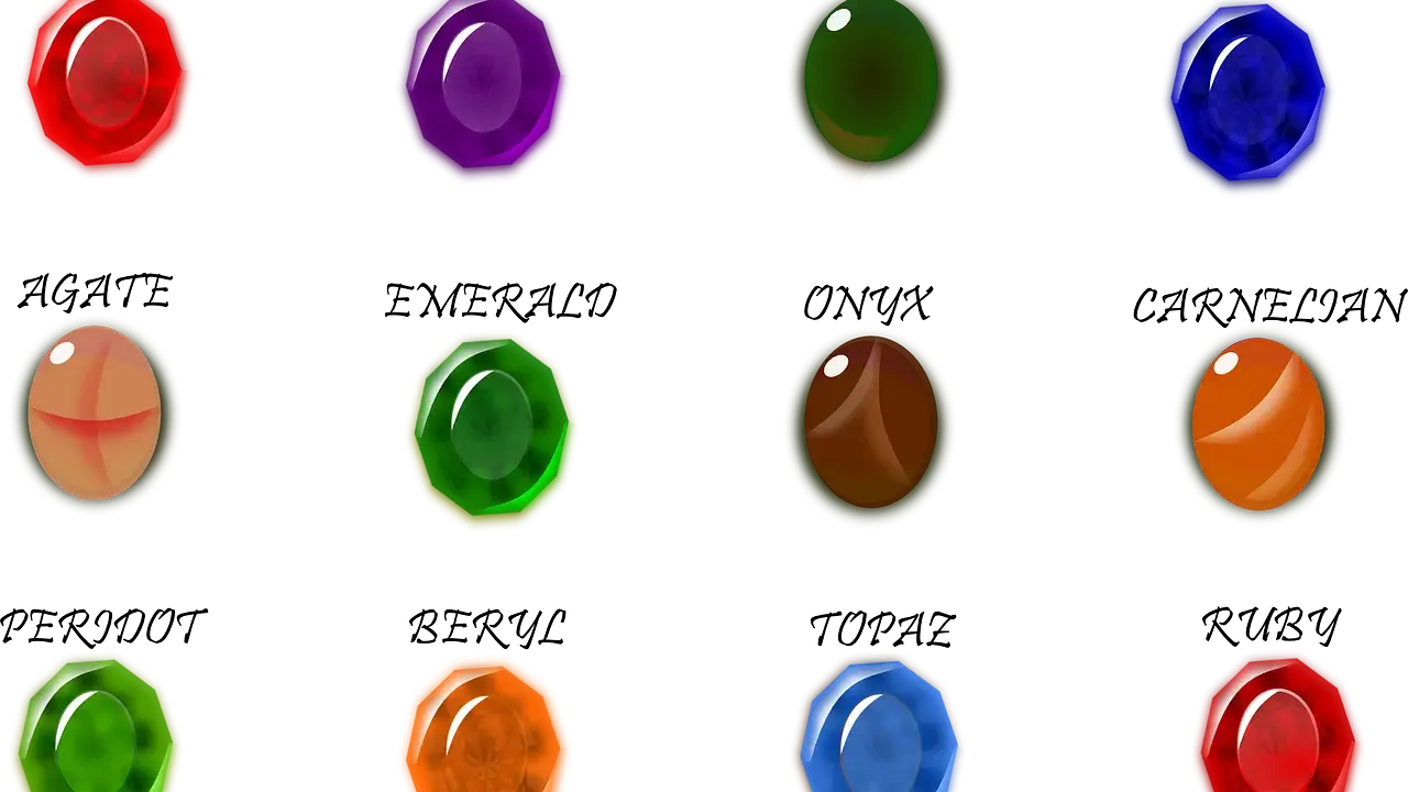 Kolekcja kamieni szlachetnych: granat, ametyst, krwawnik, szafir, agat, szmaragd, onyks, karneol, perydot, beryl, topaz, rubin. Każdy kamień ma swoje unikalne znaczenie.