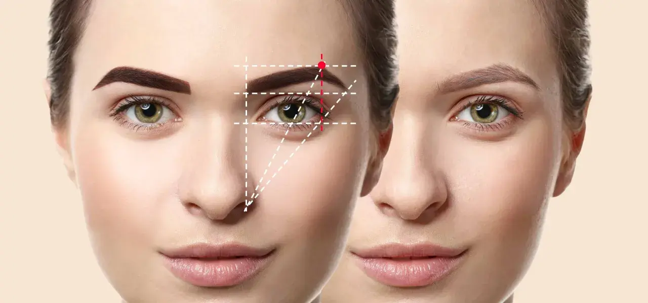 Test de quelle forme de sourcil, avec des lignes guidant la mesure parfaite pour un regard sublimé.