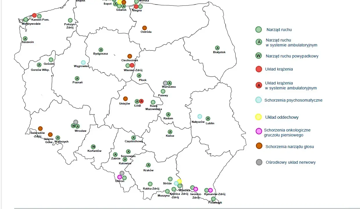 Mapa ZUS z 2026 r. pokazuje ośrodki rehabilitacyjne. Brązowe kółka oznaczają miejsca, gdzie ZUS wysyła do sanatorium na narząd głosu, np. w Świeradowie-Zdroju.