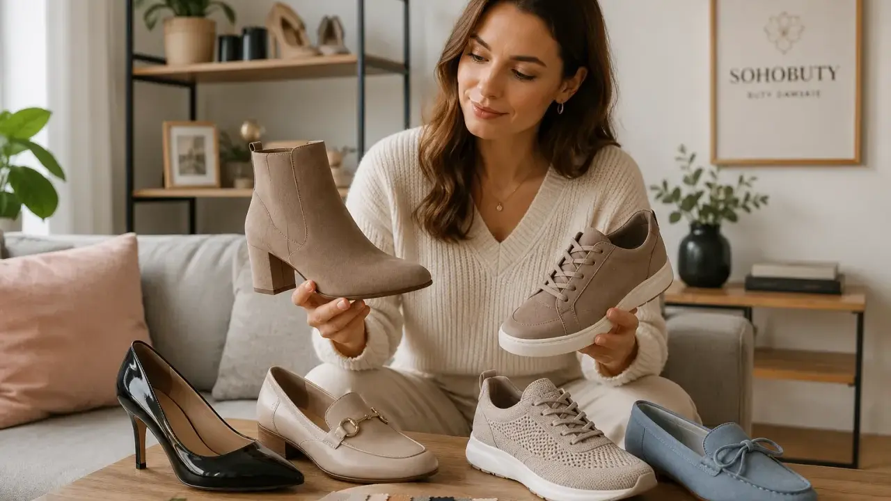 Kobieta prezentuje różne modele butów, w tym botki i sneakersy. Wiele z nich wykonano z wysokiej jakości materiału syntetycznego, który zapewnia komfort i trwałość.