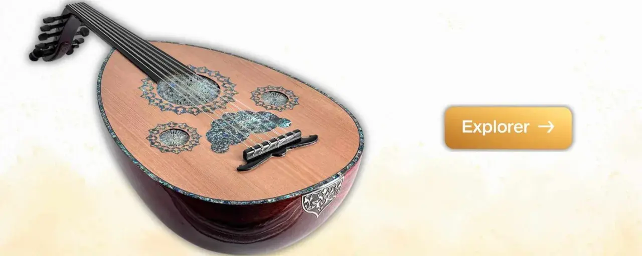 Magnifique instrument oriental à corde, orné de nacre, prêt à faire voyager vos oreilles.