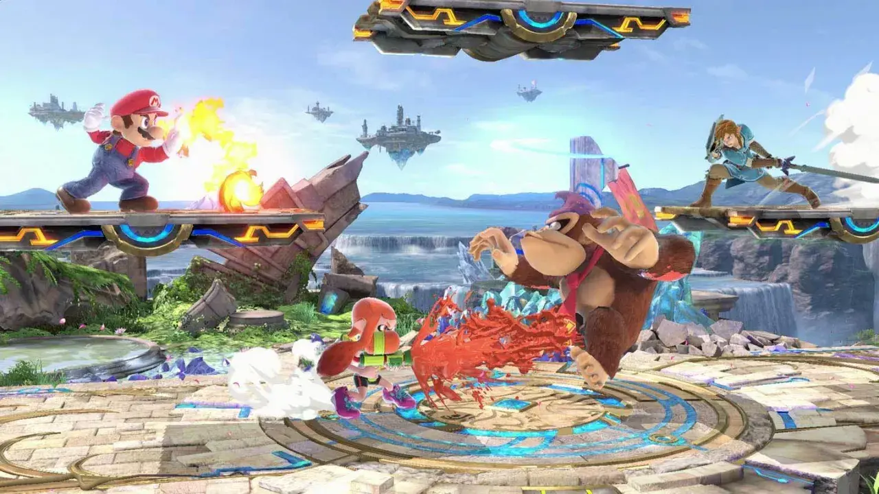 Mario, Link, Donkey Kong i Inkling walczą na latającej platformie. Wiele postaci z gier wartych zagrania w akcji!