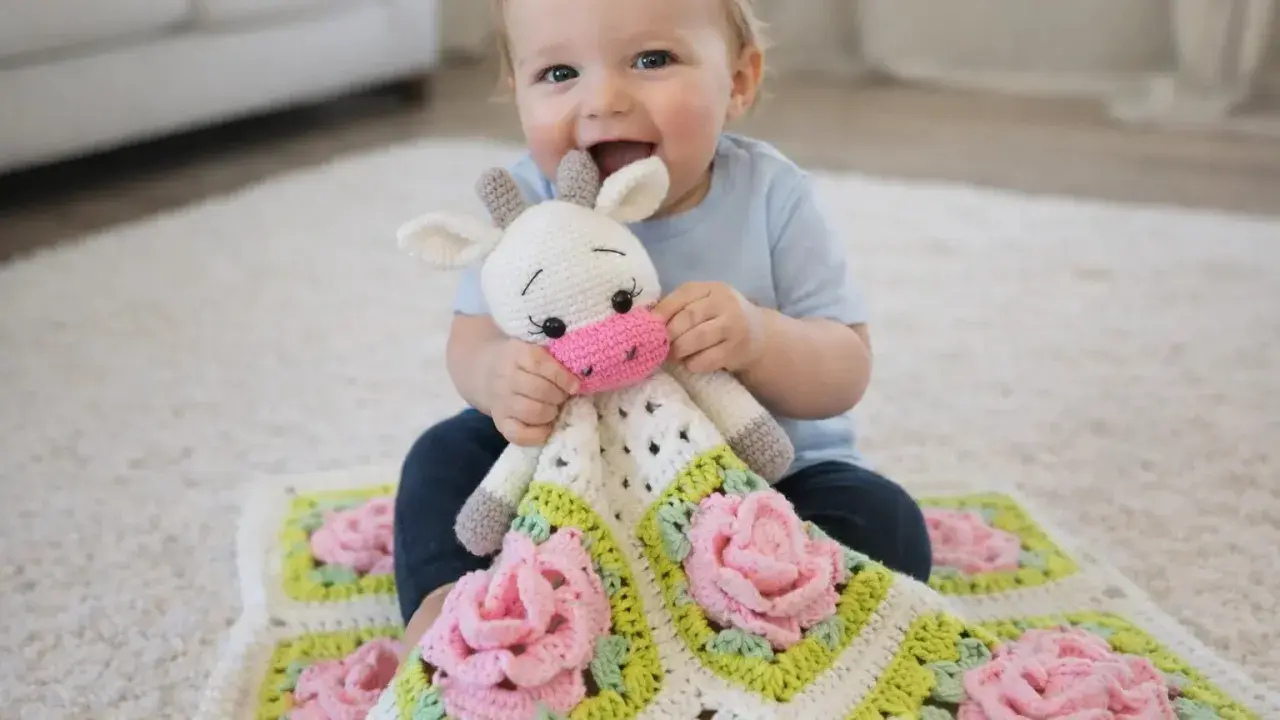 Bebé sonriente abraza una adorable manta de apego a crochet con forma de vaca y flores rosas.