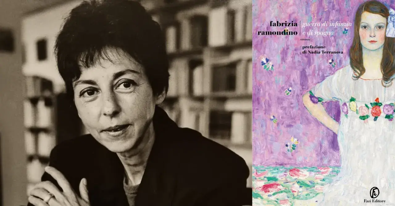 Ritratto di Fabrizia Ramondino accanto alla copertina del suo libro "Guerra di infanzia e di Spagna".