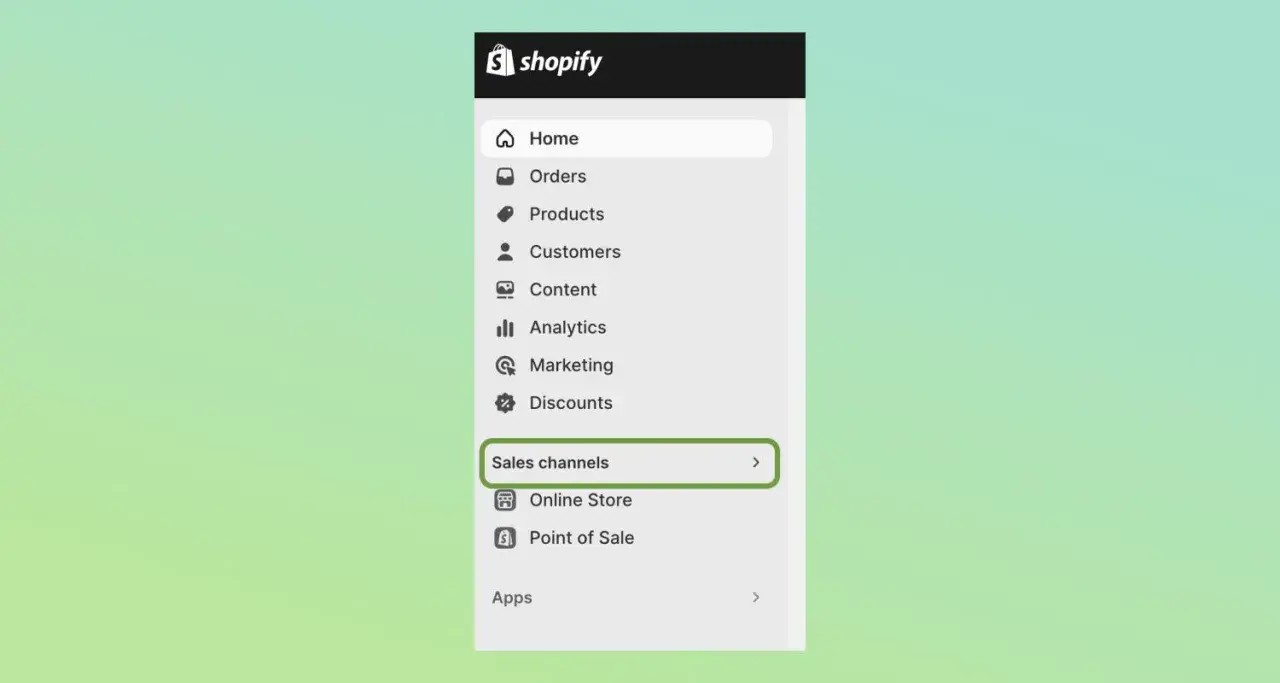 Menu Shopify z opcją "Sales channels" (kanały sprzedaży), kluczowe dla rozwoju platformy sprzedażowej.