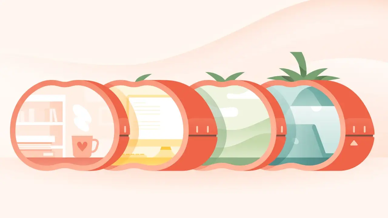 Cztery pomidory symbolizujące cykle pracy w technice pomodoro: biurko, komputer, krajobraz, wodę.