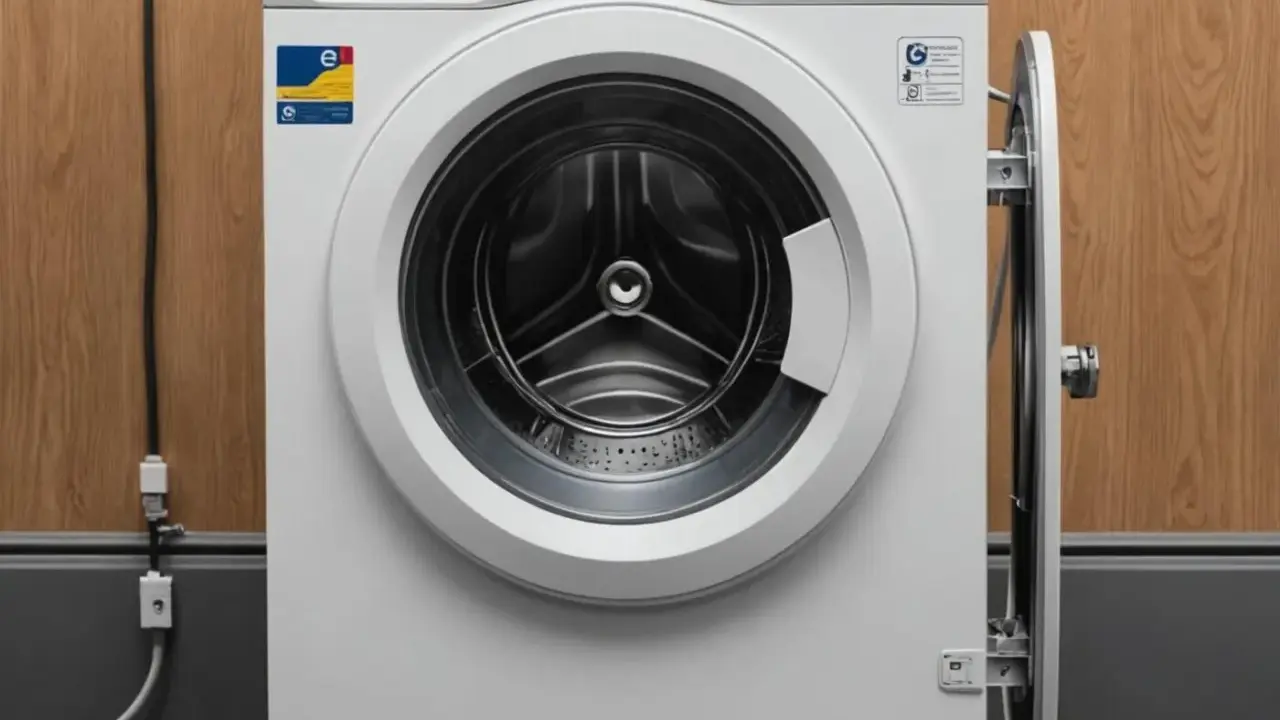 Biała pralka e10 electrolux z otwartymi drzwiczkami, widoczny bęben. Obok drewniana ściana i kable.