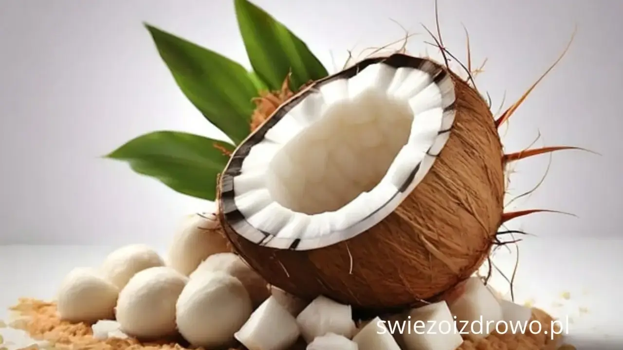 Połówka kokosa, kulki i kawałki miąższu na tle liści. Odkryj bogactwo smaku i wartości odżywczych, jakie kryje w sobie maka kokosowa.