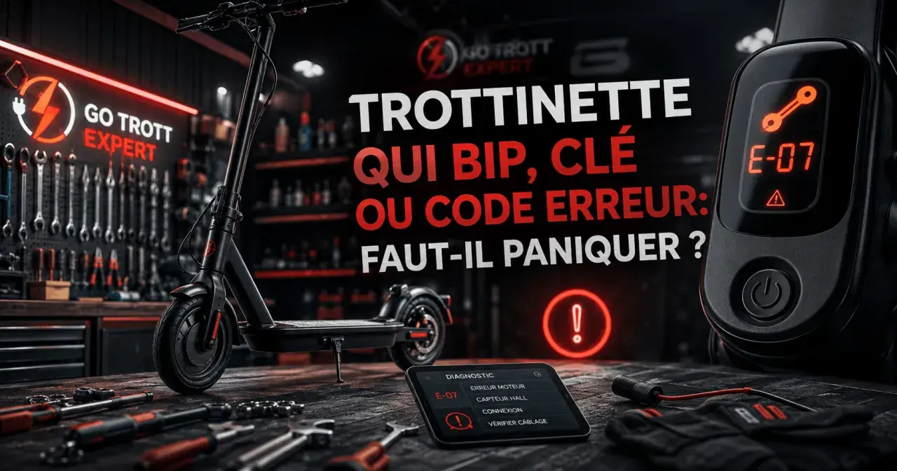 Une trottinette électrique en atelier, affichant le code erreur E-07 sur son écran. Un diagnostic est visible sur une tablette.