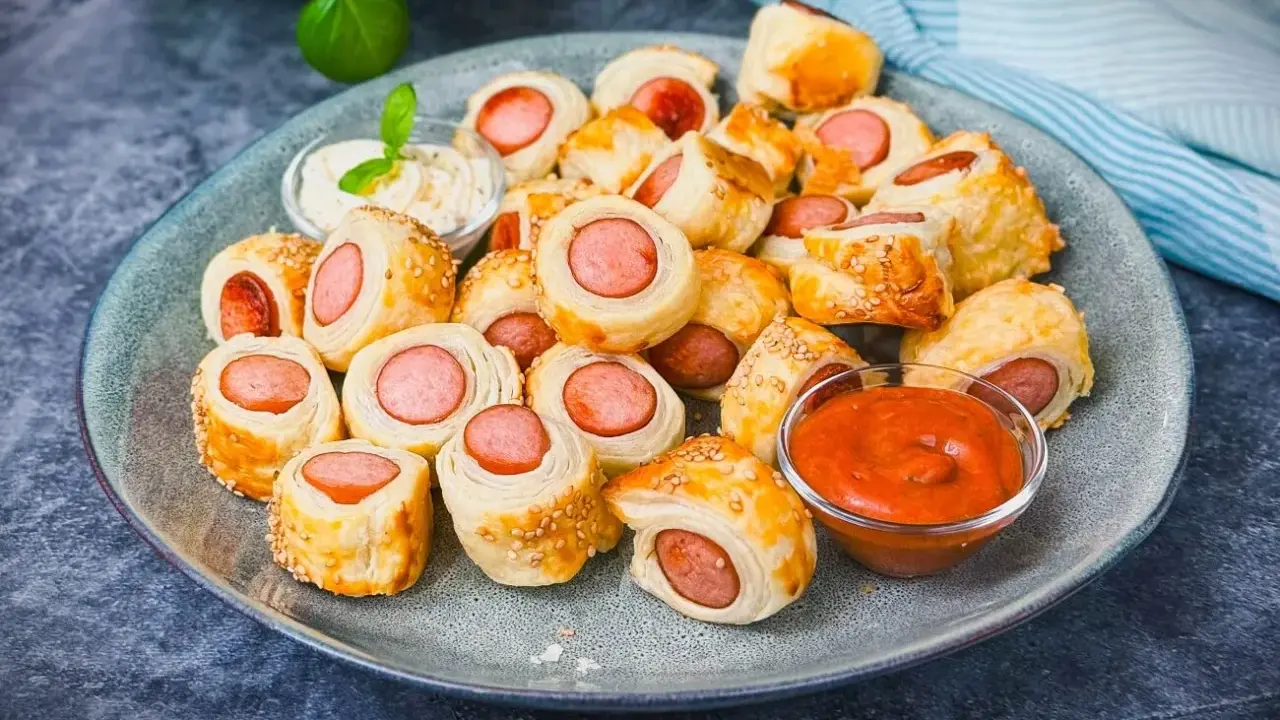 Leckeres Fingerfood für den Sommer: Würstchen im Blätterteig mit Sesam, serviert mit Dip und Ketchup.