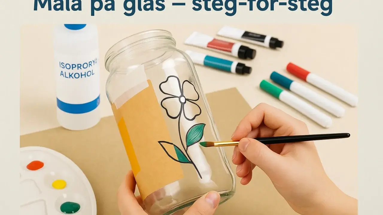 En hand målar ett blommönster på ett glas med en pensel. Färger och alkohol på bordet.