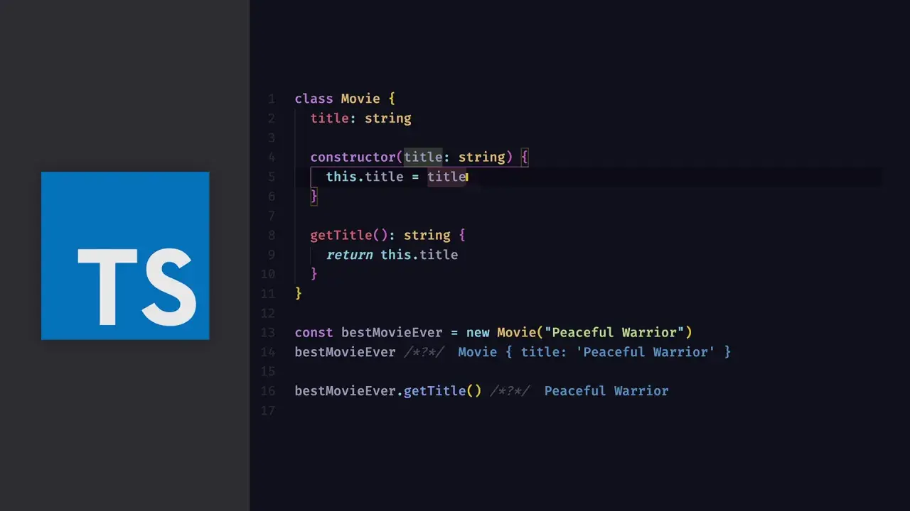 Kod w TypeScript demonstruje klasę `Movie` z metodą `getTitle`. Logo TS obok kodu.