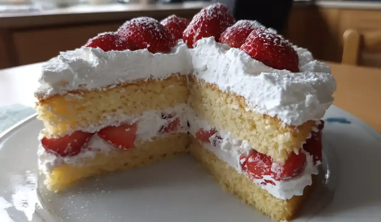 Enkel tårta med fluffig grädde och färska jordgubbar, perfekt för ett sommarfika.