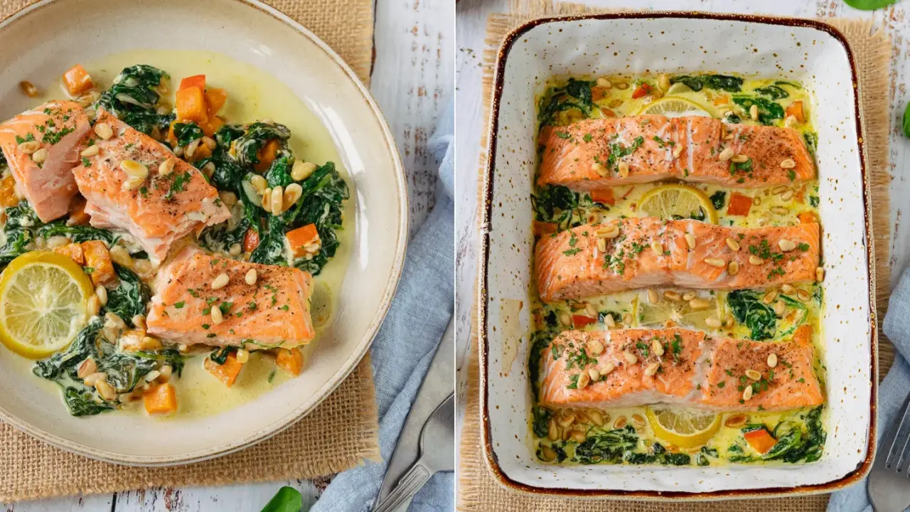 Zwei Ansichten eines cremigen Lachsgerichts mit Spinat und Kürbis. Perfekt für Lachs Rezepte.